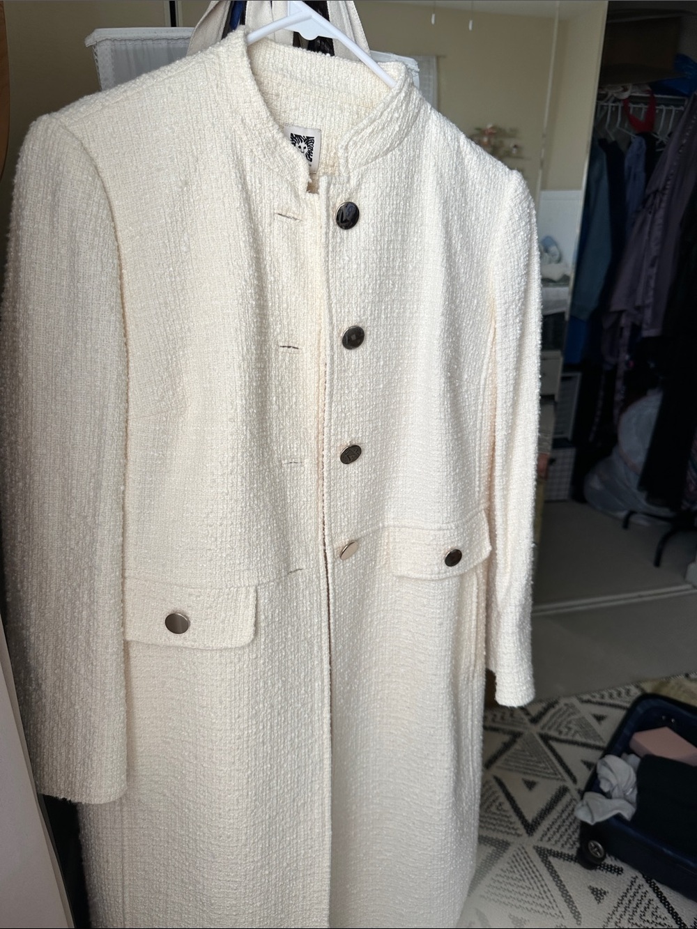 Brand new w/ tags Anne Klein Cream Textured Long Trench Coat with Button Front - Picture 2 of 6
